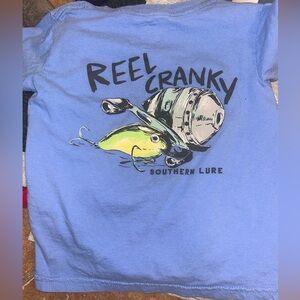 3 for $20! Boys size 4 Southern Lure Reel Cranky Blue Kids t shirt short sleeve